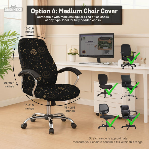 Black chair cover with a dark galaxy pattern, muted gold stars and celestial artwork on a chair.