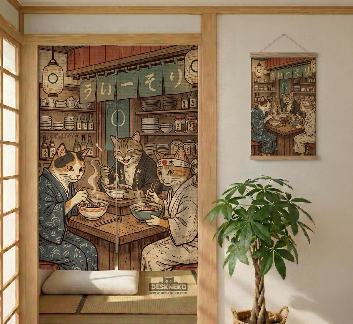 A split-panel Japanese noren curtain showing a ramen shop scene with three cats, warm lantern light, and vintage-style artwork in beige, muted teal, and brown tones.