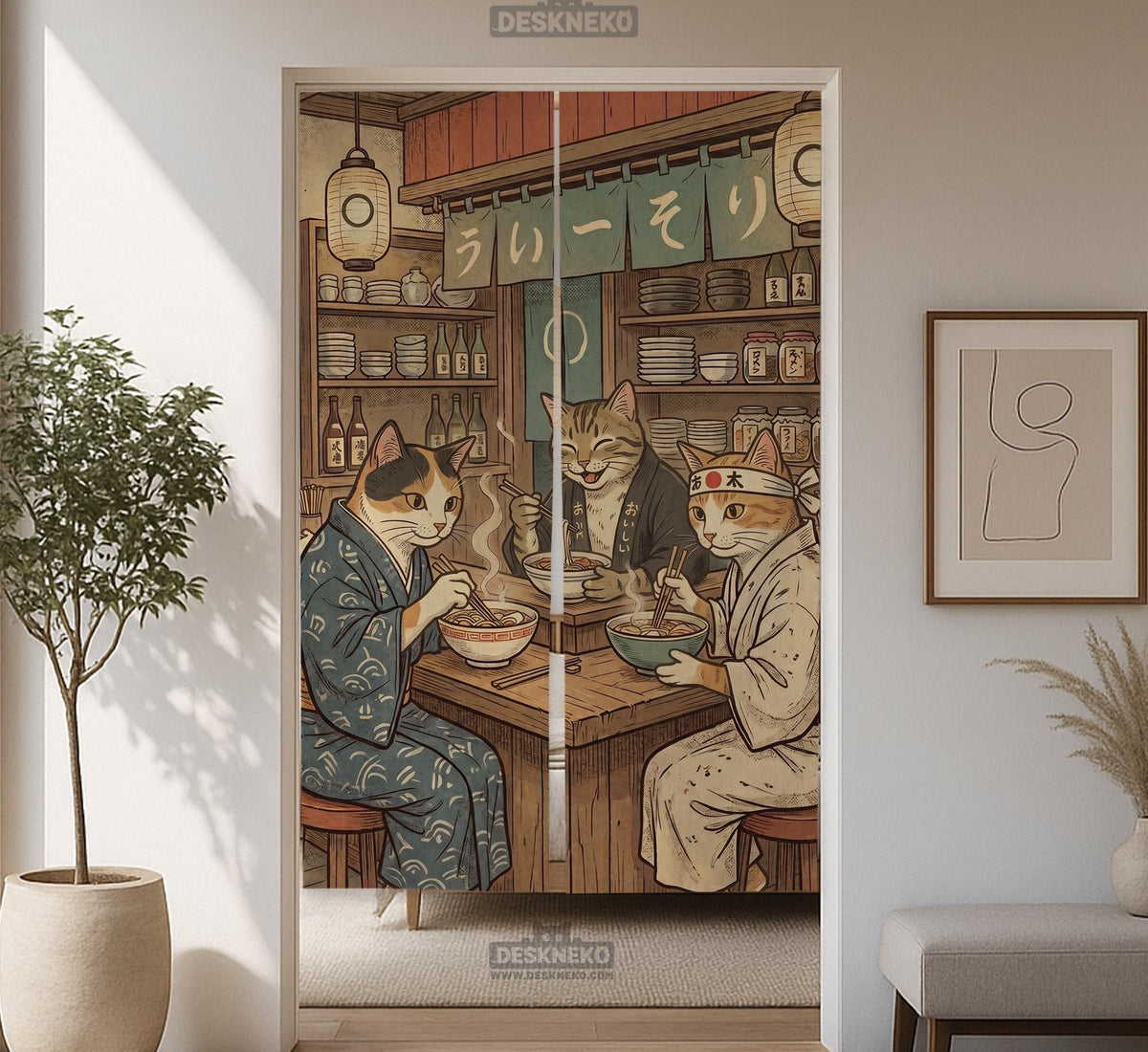 A split-panel Japanese noren curtain showing a ramen shop scene with three cats, warm lantern light, and vintage-style artwork in beige, muted teal, and brown tones.