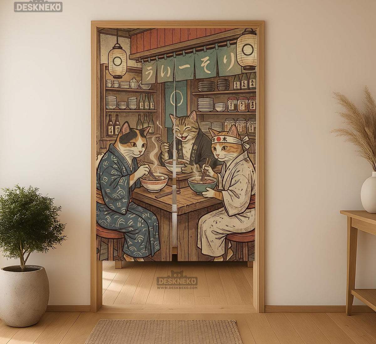 A split-panel Japanese noren curtain showing a ramen shop scene with three cats, warm lantern light, and vintage-style artwork in beige, muted teal, and brown tones.