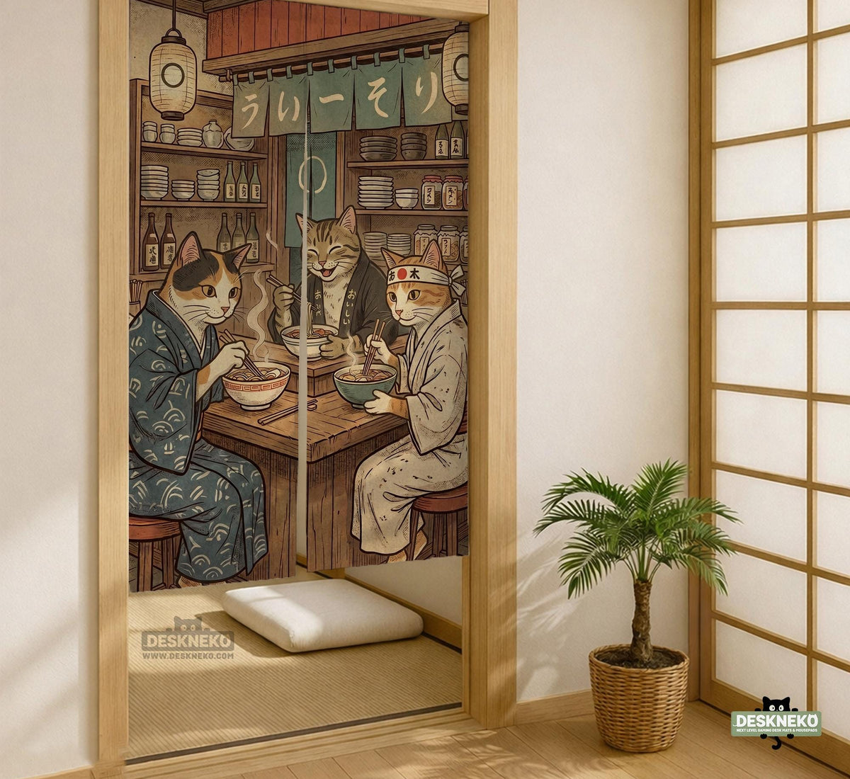 A split-panel Japanese noren curtain showing a ramen shop scene with three cats, warm lantern light, and vintage-style artwork in beige, muted teal, and brown tones.