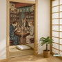 A split-panel Japanese noren curtain showing a ramen shop scene with three cats, warm lantern light, and vintage-style artwork in beige, muted teal, and brown tones.