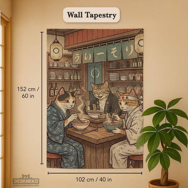 A split-panel Japanese noren curtain showing a ramen shop scene with three cats, warm lantern light, and vintage-style artwork in beige, muted teal, and brown tones.