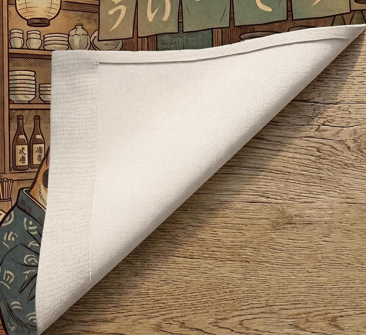 A split-panel Japanese noren curtain showing a ramen shop scene with three cats, warm lantern light, and vintage-style artwork in beige, muted teal, and brown tones.