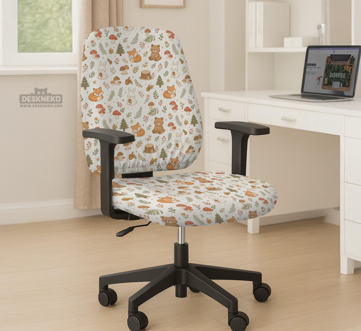 Desk chair cover options with a cute forest print featuring foxes, bunnies, mushrooms, leaves, acorns, and soft neutral colors.