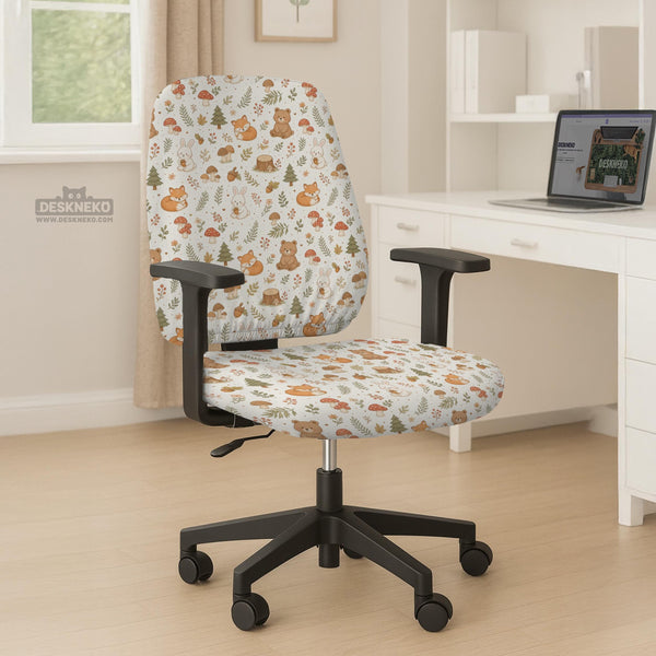 Desk chair cover options with a cute forest print featuring foxes, bunnies, mushrooms, leaves, acorns, and soft neutral colors.