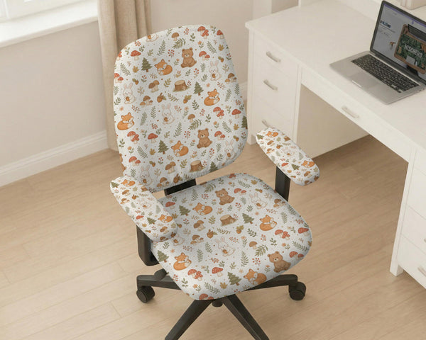 Desk chair cover options with a cute forest print featuring foxes, bunnies, mushrooms, leaves, acorns, and soft neutral colors.