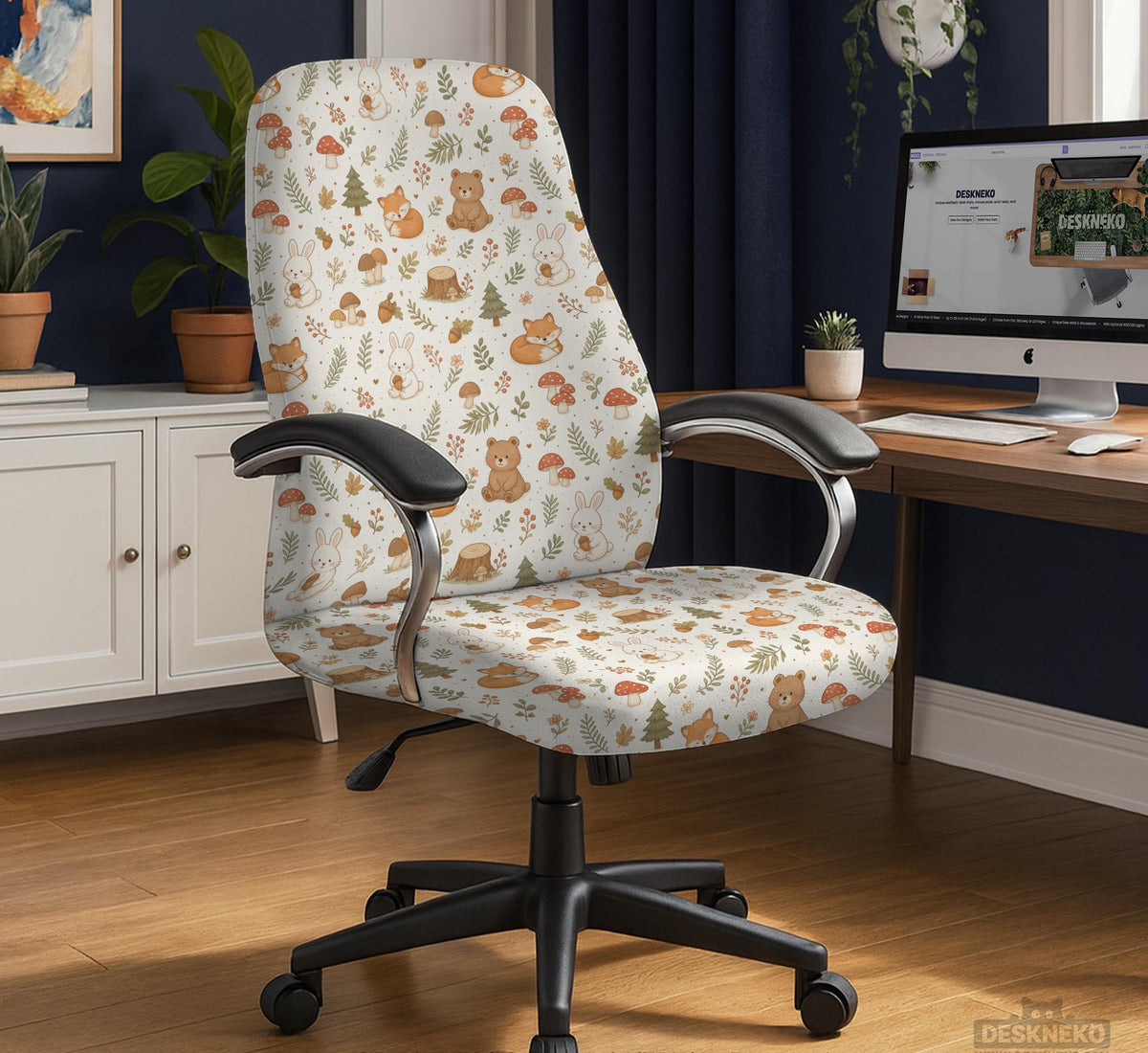 Desk chair cover options with a cute forest print featuring foxes, bunnies, mushrooms, leaves, acorns, and soft neutral colors.