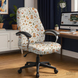 Desk chair cover options with a cute forest print featuring foxes, bunnies, mushrooms, leaves, acorns, and soft neutral colors.