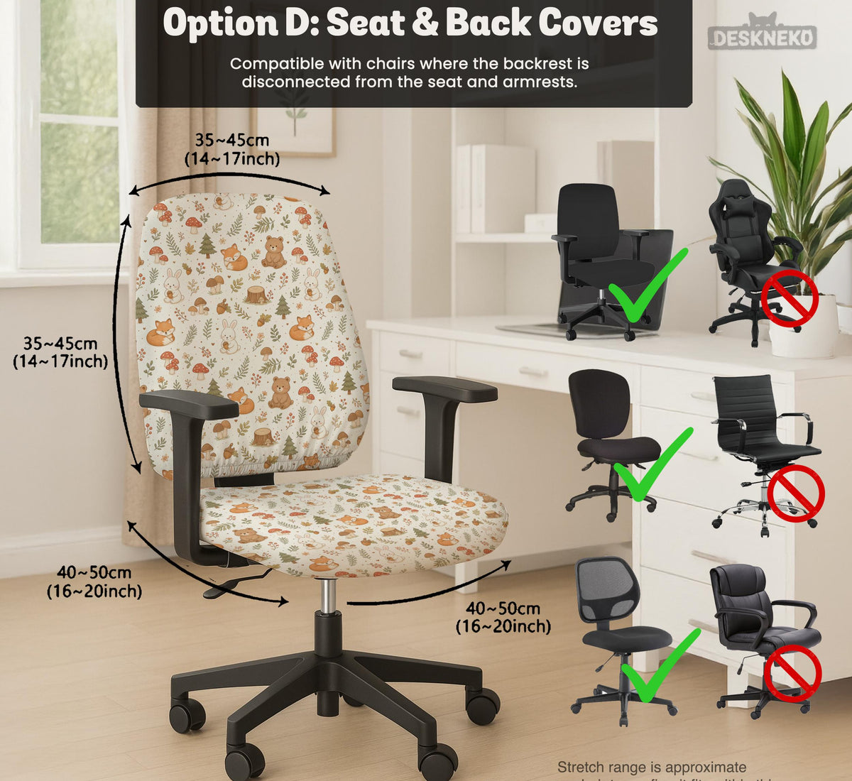 Desk chair cover options with a cute forest print featuring foxes, bunnies, mushrooms, leaves, acorns, and soft neutral colors.