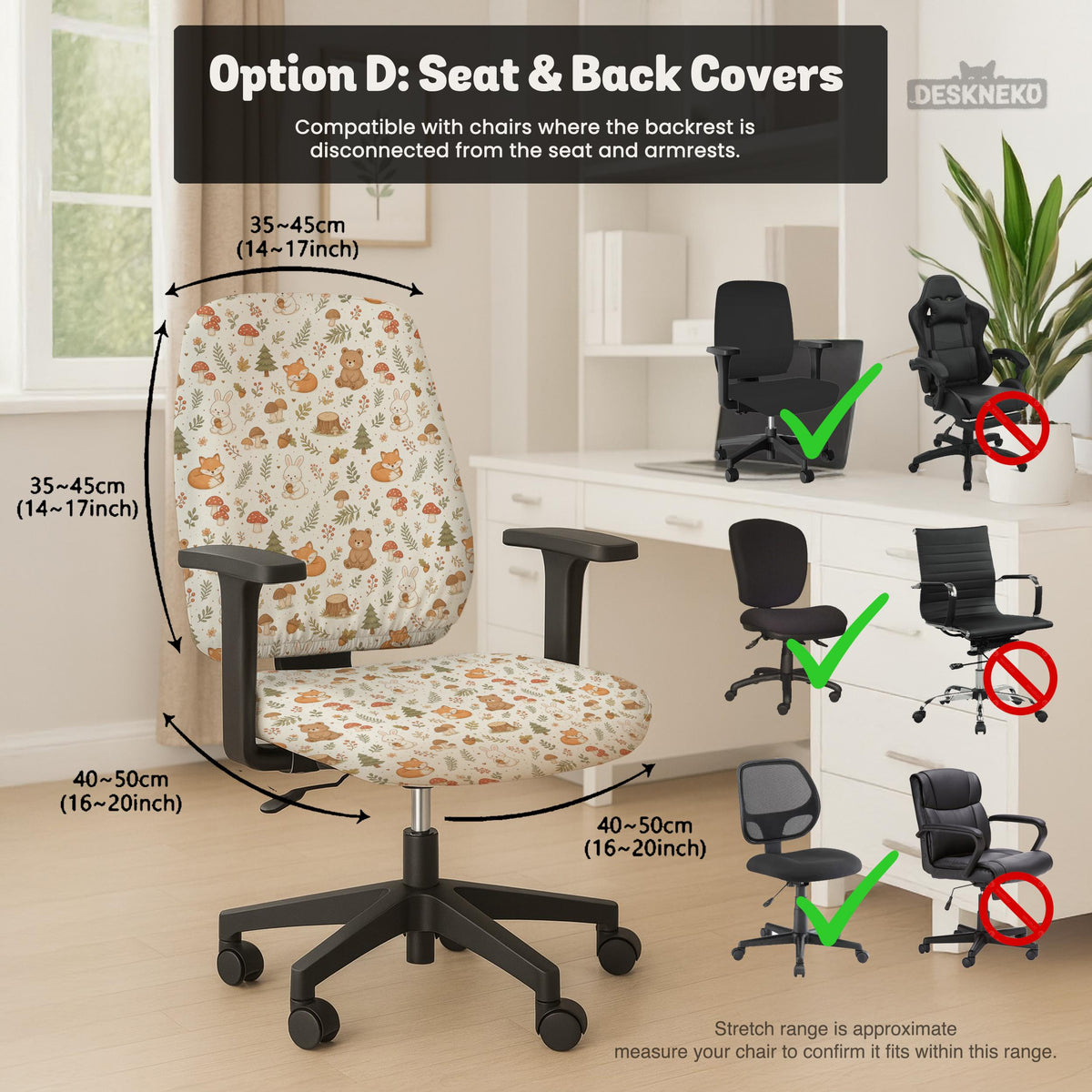 Desk chair cover options with a cute forest print featuring foxes, bunnies, mushrooms, leaves, acorns, and soft neutral colors.
