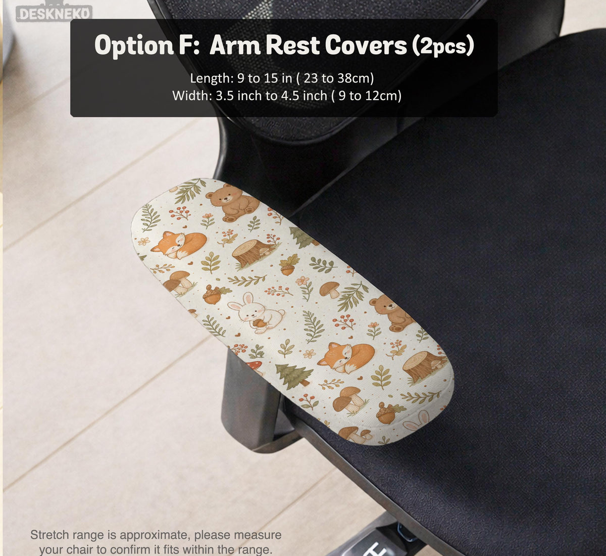 Desk chair cover options with a cute forest print featuring foxes, bunnies, mushrooms, leaves, acorns, and soft neutral colors.