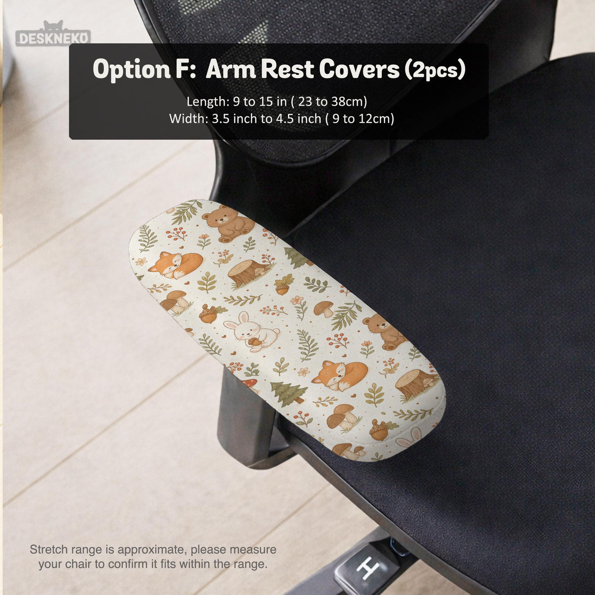 Desk chair cover options with a cute forest print featuring foxes, bunnies, mushrooms, leaves, acorns, and soft neutral colors.