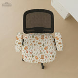 Desk chair cover options with a cute forest print featuring foxes, bunnies, mushrooms, leaves, acorns, and soft neutral colors.