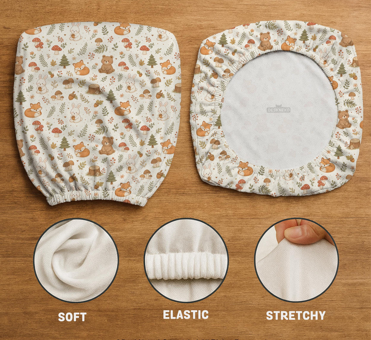 Desk chair cover options with a cute forest print featuring foxes, bunnies, mushrooms, leaves, acorns, and soft neutral colors.