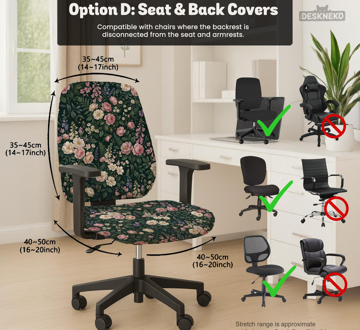 Green chair cover with a dark floral pattern, pink roses, cream flowers, and leafy botanical details on an office chair.