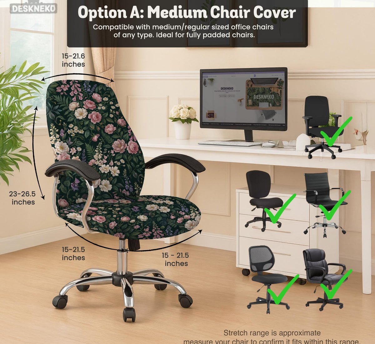 Green chair cover with a dark floral pattern, pink roses, cream flowers, and leafy botanical details on an office chair.