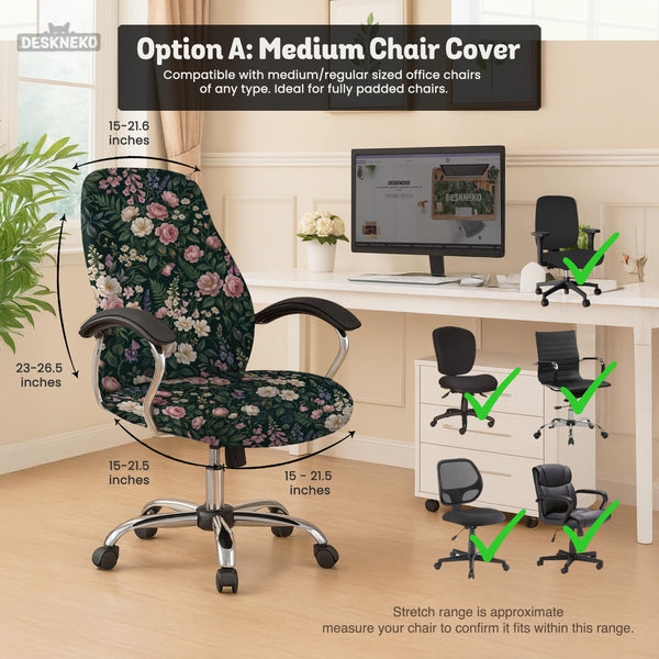 Green chair cover with a dark floral pattern, pink roses, cream flowers, and leafy botanical details on an office chair.