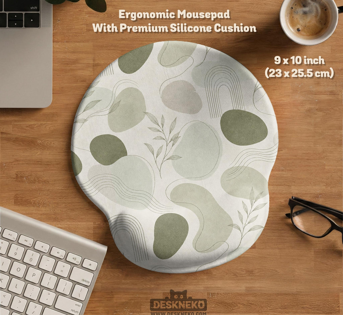 Green abstract botanical mouse pad with a rounded organic pattern and matching keyboard wrist rest option.