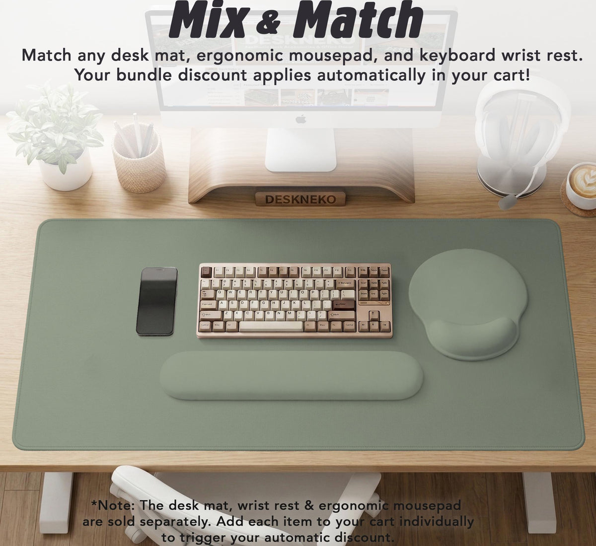 Green abstract botanical mouse pad with a rounded organic pattern and matching keyboard wrist rest option.
