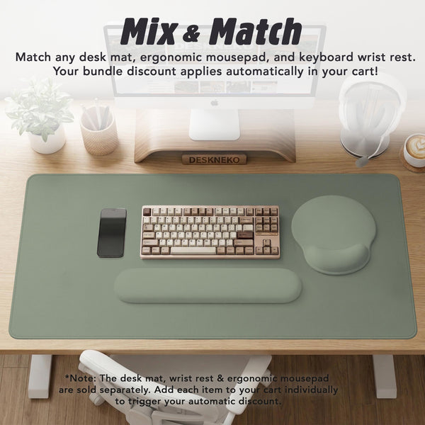 Green abstract botanical mouse pad with a rounded organic pattern and matching keyboard wrist rest option.
