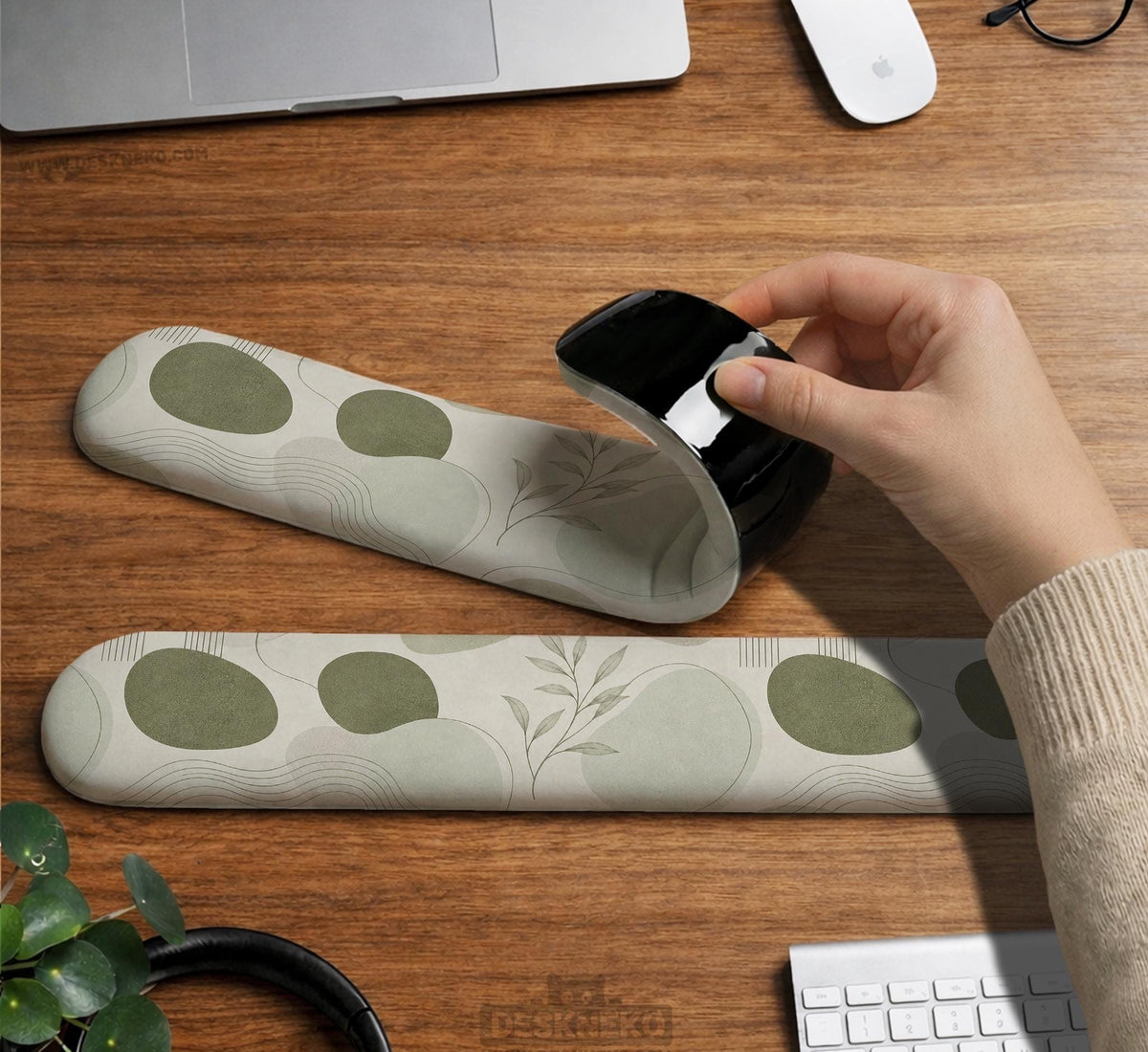 Green abstract botanical mouse pad with a rounded organic pattern and matching keyboard wrist rest option.