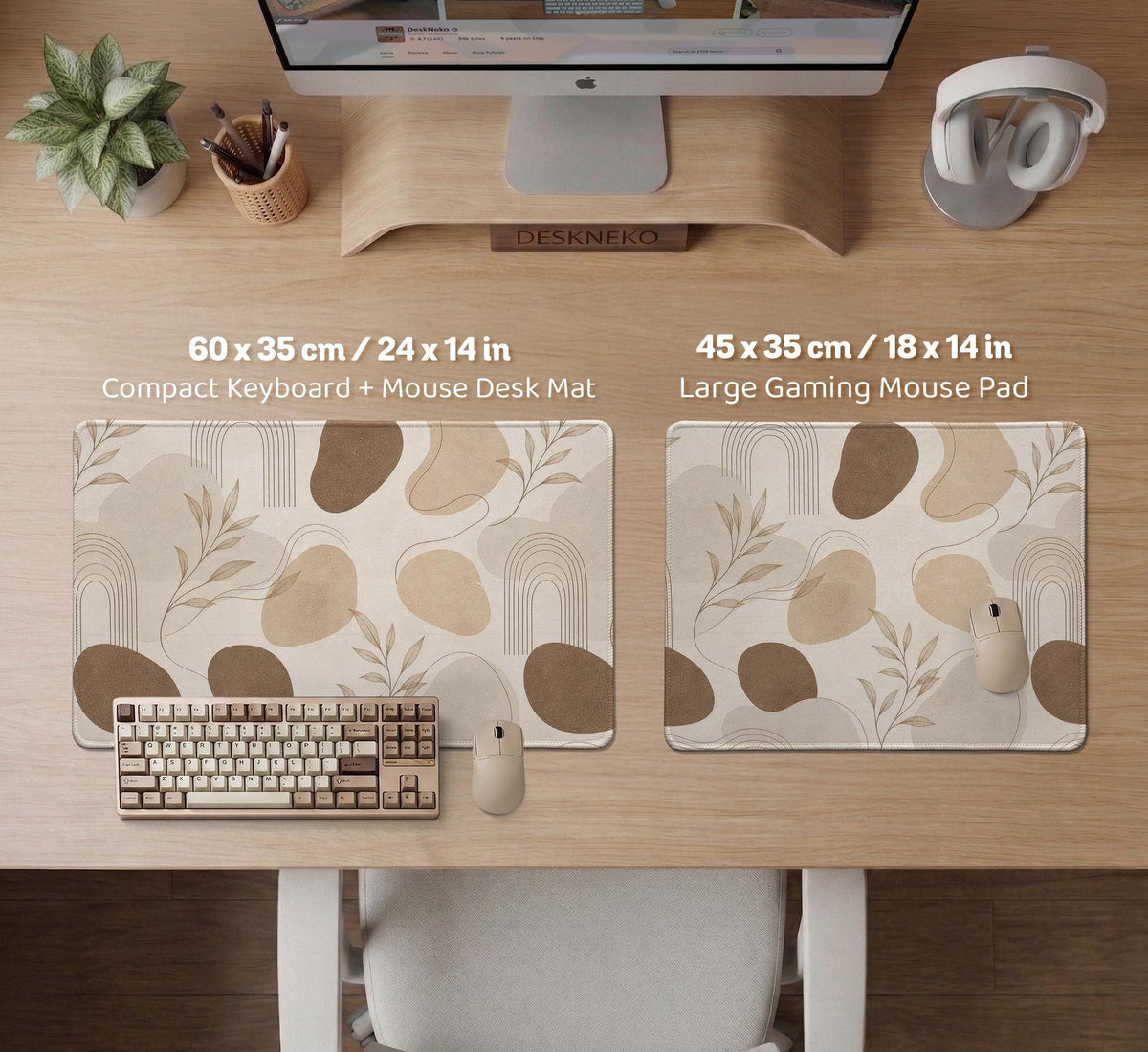 Beige desk mat with fine botanical line drawings and soft abstract shapes on a light neutral background.