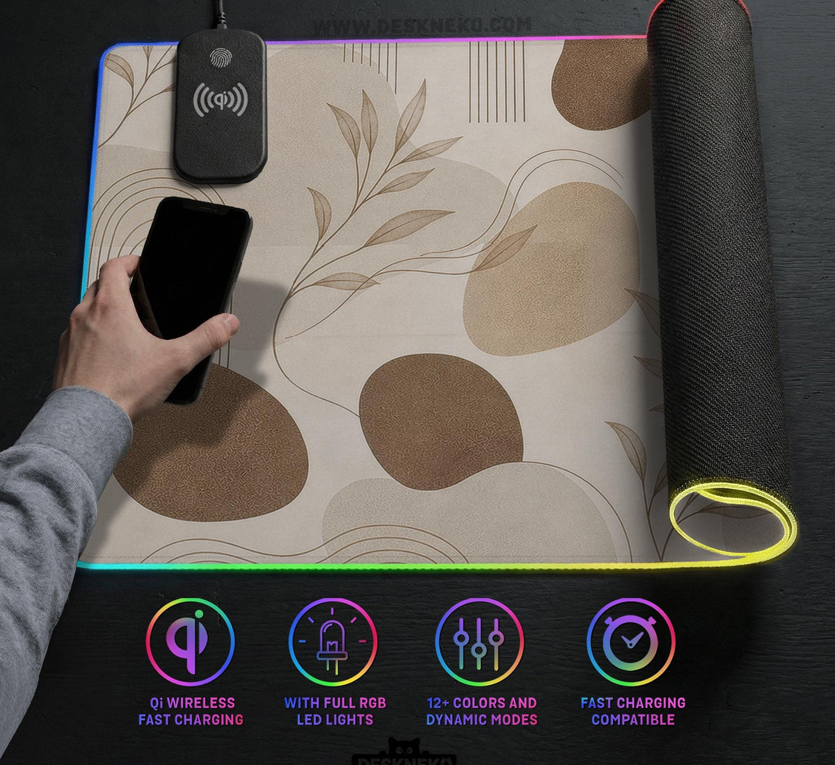 Beige desk mat with fine botanical line drawings and soft abstract shapes on a light neutral background.