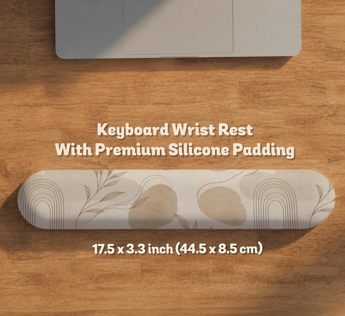 Beige desk mat with fine botanical line drawings and soft abstract shapes on a light neutral background.