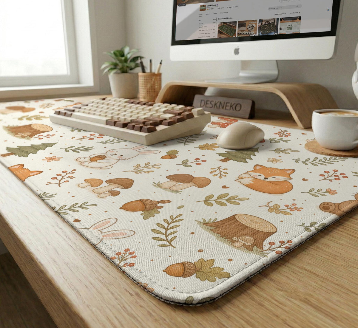 Cream desk mat with a woodland animal pattern featuring foxes, bunnies, mushrooms, berries, acorns, and sage leaves in soft green tones.