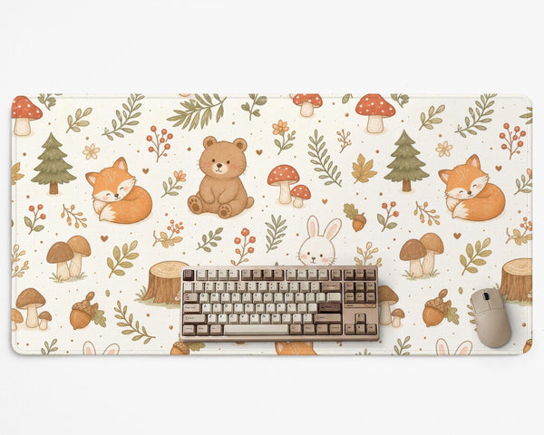 Cream desk mat with a woodland animal pattern featuring foxes, bunnies, mushrooms, berries, acorns, and sage leaves in soft green tones.