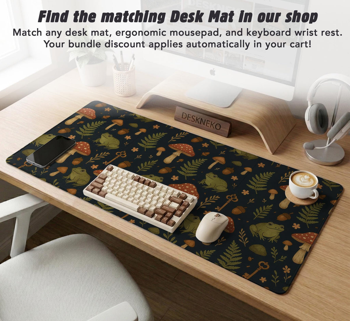 Dark botanical desk mat options with frogs, mushrooms, ferns, and acorns in brown and green tones, plus a matching keyboard wrist rest.