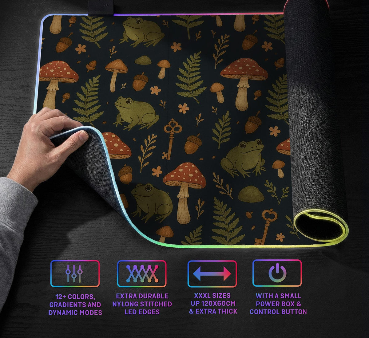 Dark forest-themed desk mat with an all-over pattern of frogs, mushrooms, fern leaves, acorns, tiny flowers, and antique keys.