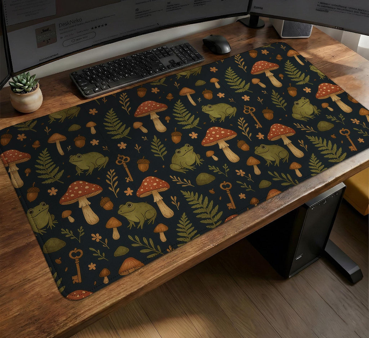 Dark forest-themed desk mat with an all-over pattern of frogs, mushrooms, fern leaves, acorns, tiny flowers, and antique keys.