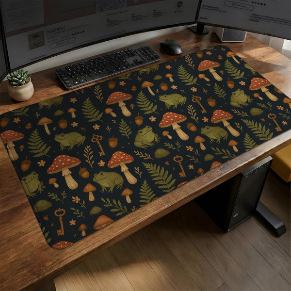 Dark forest-themed desk mat with an all-over pattern of frogs, mushrooms, fern leaves, acorns, tiny flowers, and antique keys.