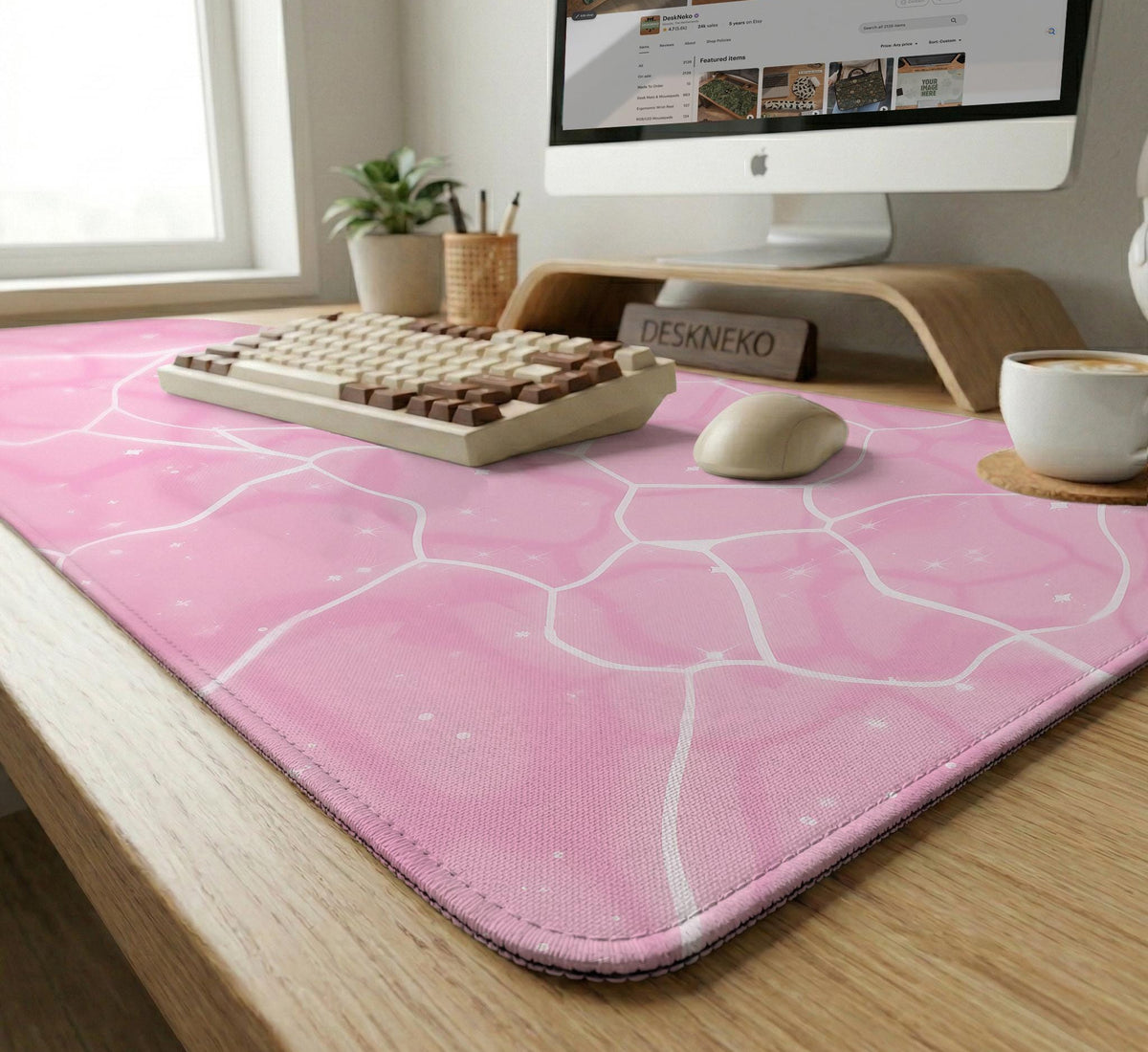 Soft pink desk mat with a kawaii cloud-marble pattern, white crackle lines, and small star accents.