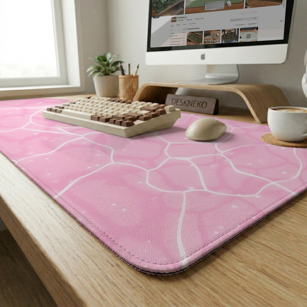 Soft pink desk mat with a kawaii cloud-marble pattern, white crackle lines, and small star accents.