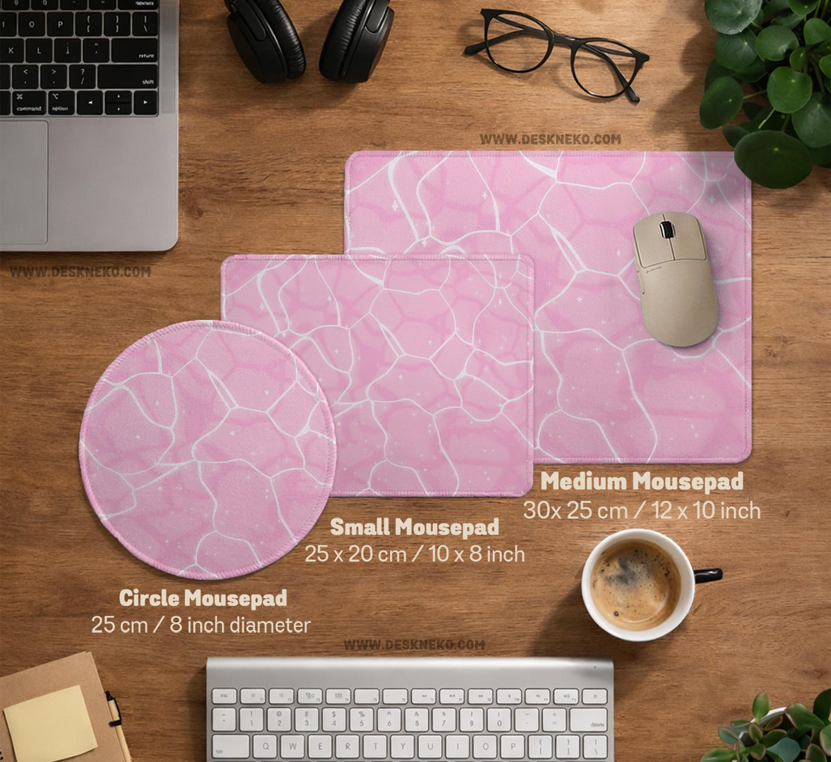 Soft pink desk mat with a kawaii cloud-marble pattern, white crackle lines, and small star accents.