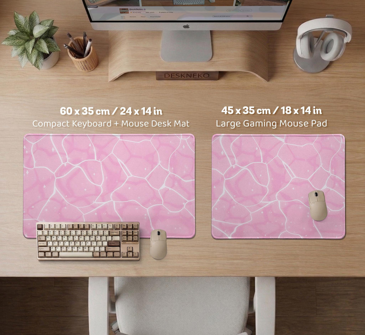 Soft pink desk mat with a kawaii cloud-marble pattern, white crackle lines, and small star accents.