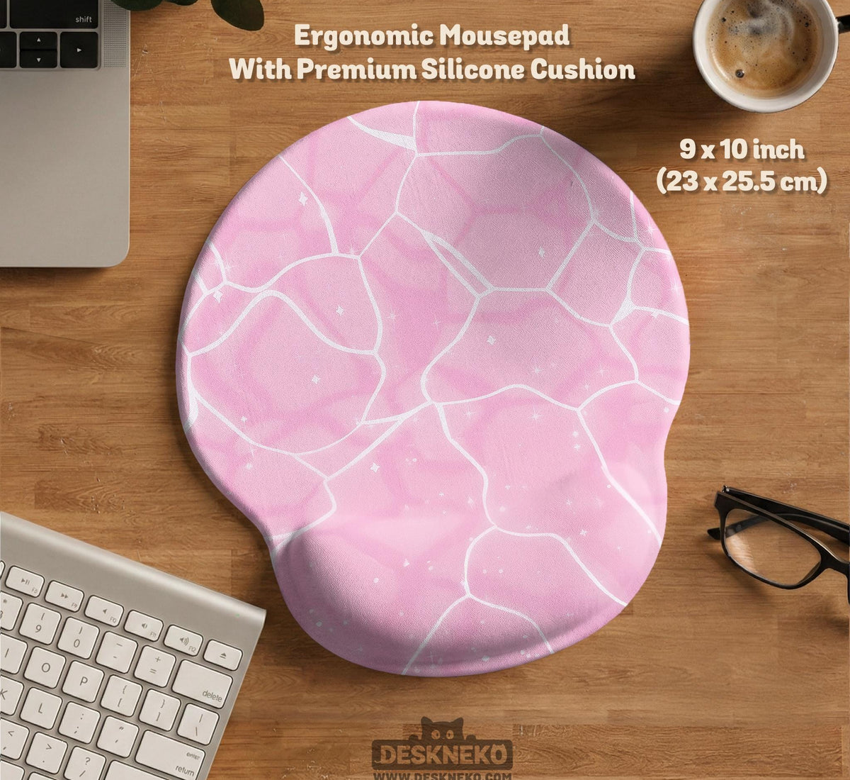 Pastel pink desk mat with a marble-style design, white flowing lines, and small sparkle accents.