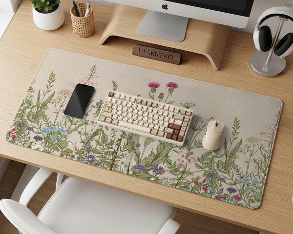 A desk mat with a botanical meadow design featuring wildflowers, leafy stems, and soft neutral colors.