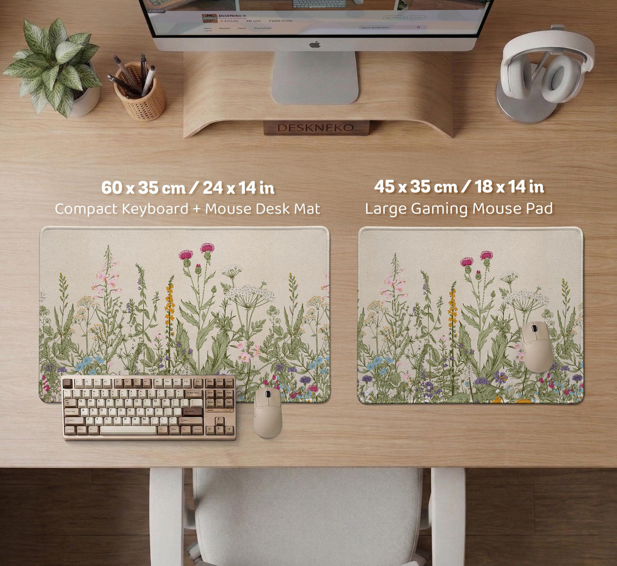 A desk mat with a botanical meadow design featuring wildflowers, leafy stems, and soft neutral colors.
