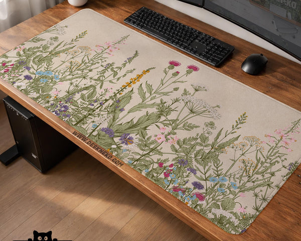 A desk mat with a botanical meadow design featuring wildflowers, leafy stems, and soft neutral colors.