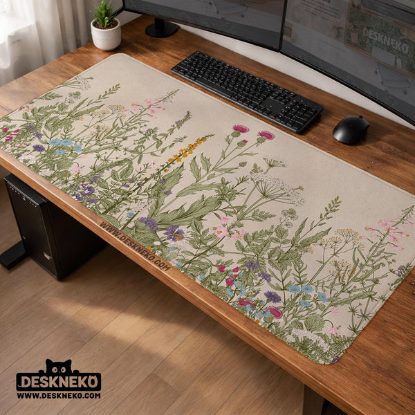 A desk mat with a botanical meadow design featuring wildflowers, leafy stems, and soft neutral colors.
