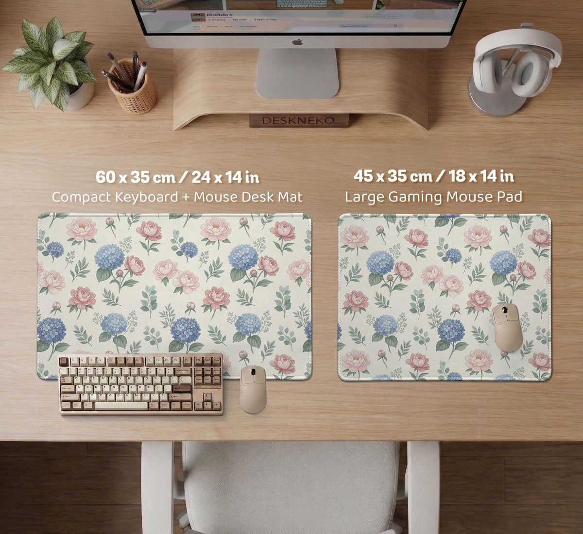 Floral desk mat with sage greenery, pink peonies, blue flowers, and a warm cream background.