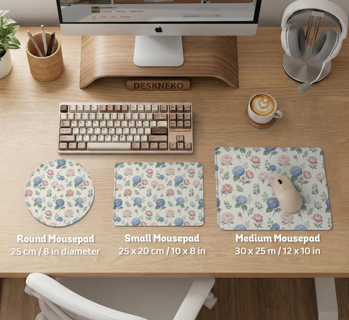 Floral desk mat with sage greenery, pink peonies, blue flowers, and a warm cream background.