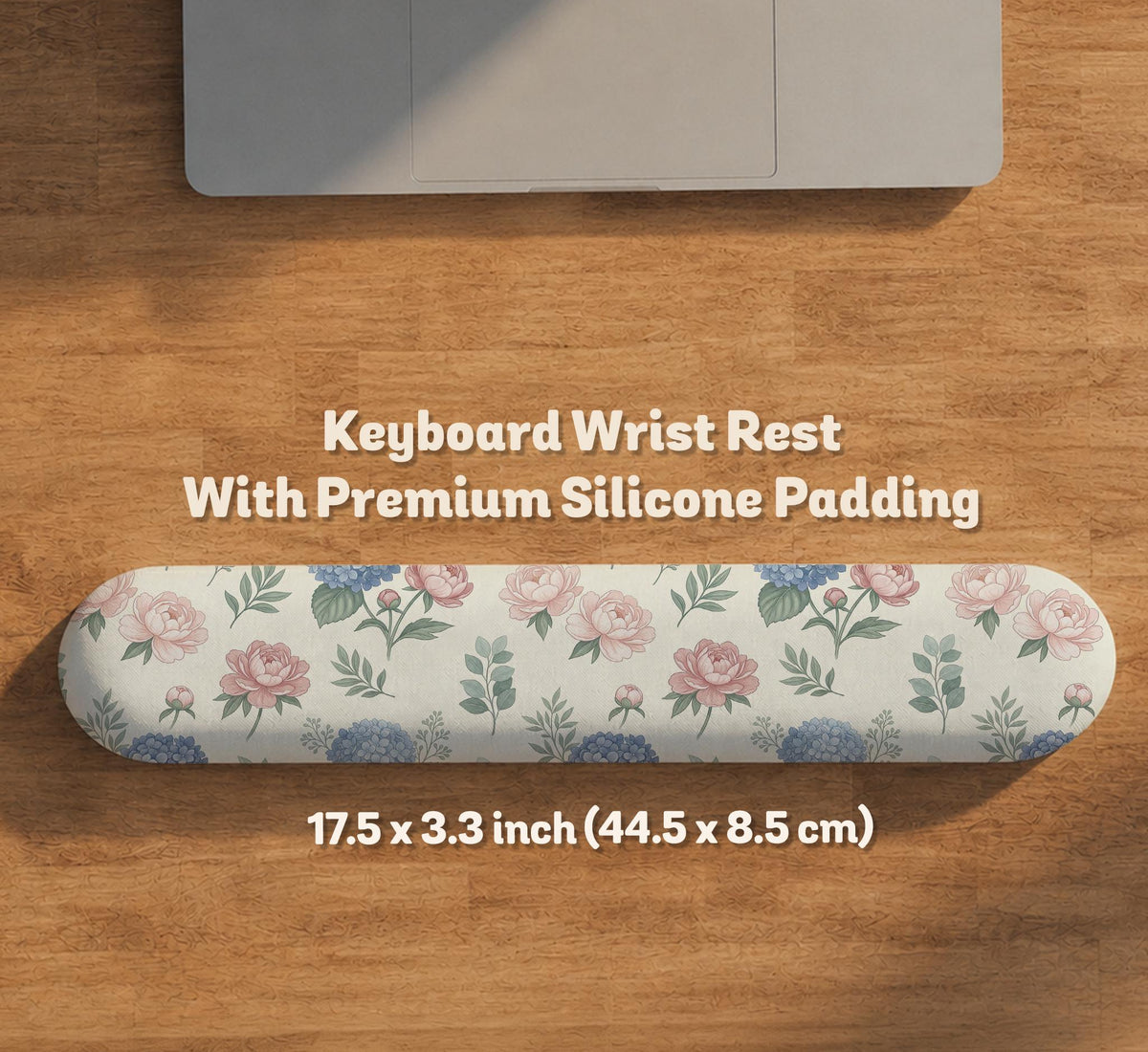 Floral desk mat with sage greenery, pink peonies, blue flowers, and a warm cream background.