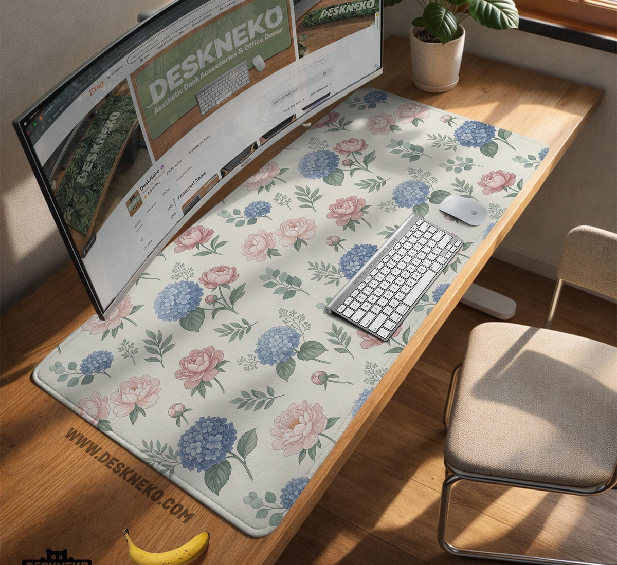 Floral desk mat with sage greenery, pink peonies, blue flowers, and a warm cream background.
