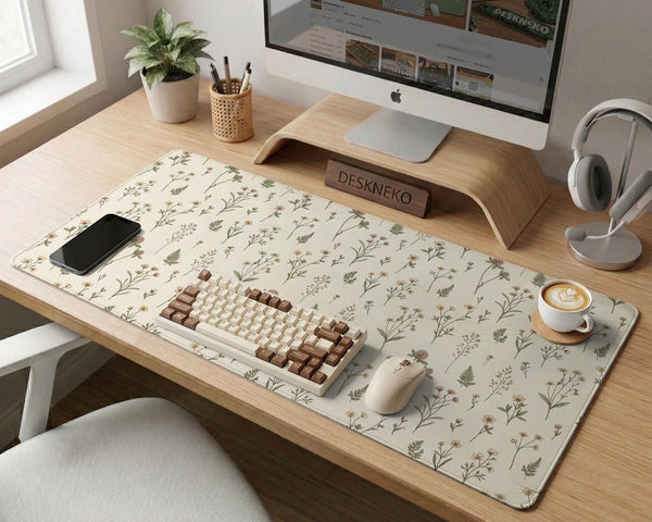 Desk mat with a sage green background, tiny wildflowers, and a vintage botanical floral pattern.