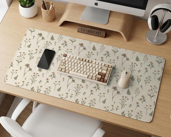 Desk mat with a sage green background, tiny wildflowers, and a vintage botanical floral pattern.